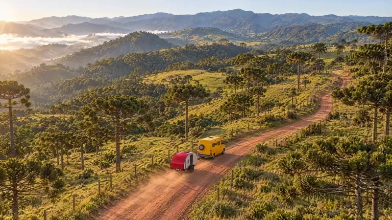 Van amarela da Camper RJ rebocando o minitrailer numa estrada de terra na serra