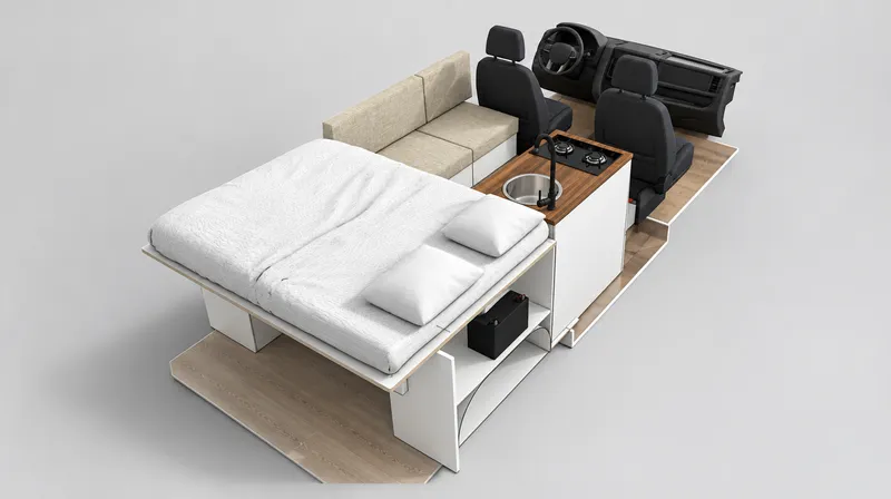 Van Essencial Curta vista de cima, sem o teto: cama, banco, cozinha e cabine