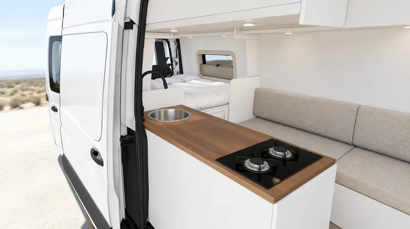 Interior da Van Essencial Longa: cozinha com tampo em teca, banco-cama e cama de casal ao fundo