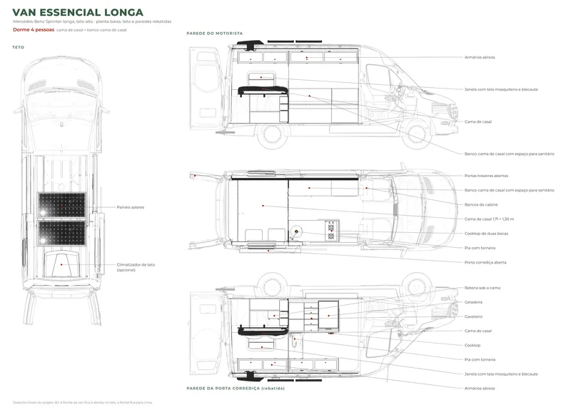 Planta da Van Essencial Longa: planta baixa, paredes rebatidas e teto, com o nome de cada item